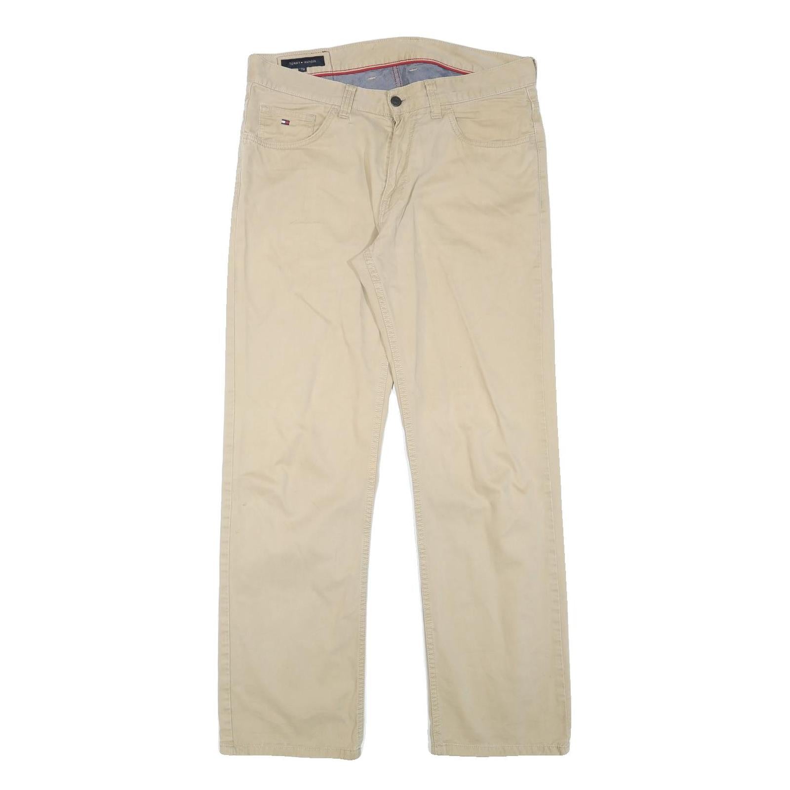 TOMMY HILFIGER Mens Cotton Blend Beige Regular Straight Trousers W34 L30 Casual
