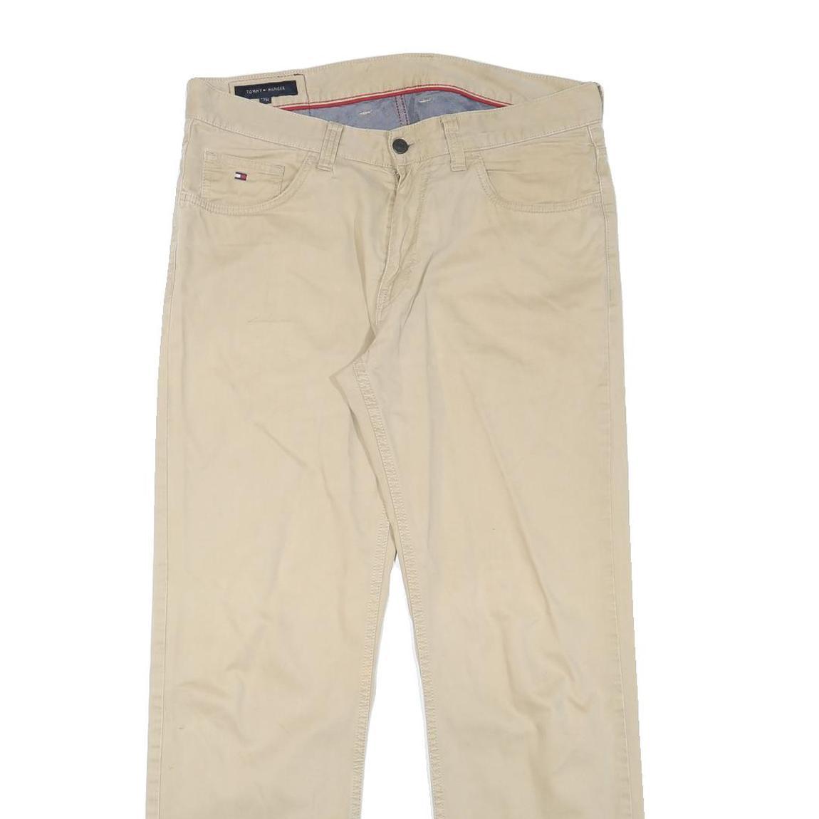 TOMMY HILFIGER Mens Cotton Blend Beige Regular Straight Trousers W34 L30 Casual