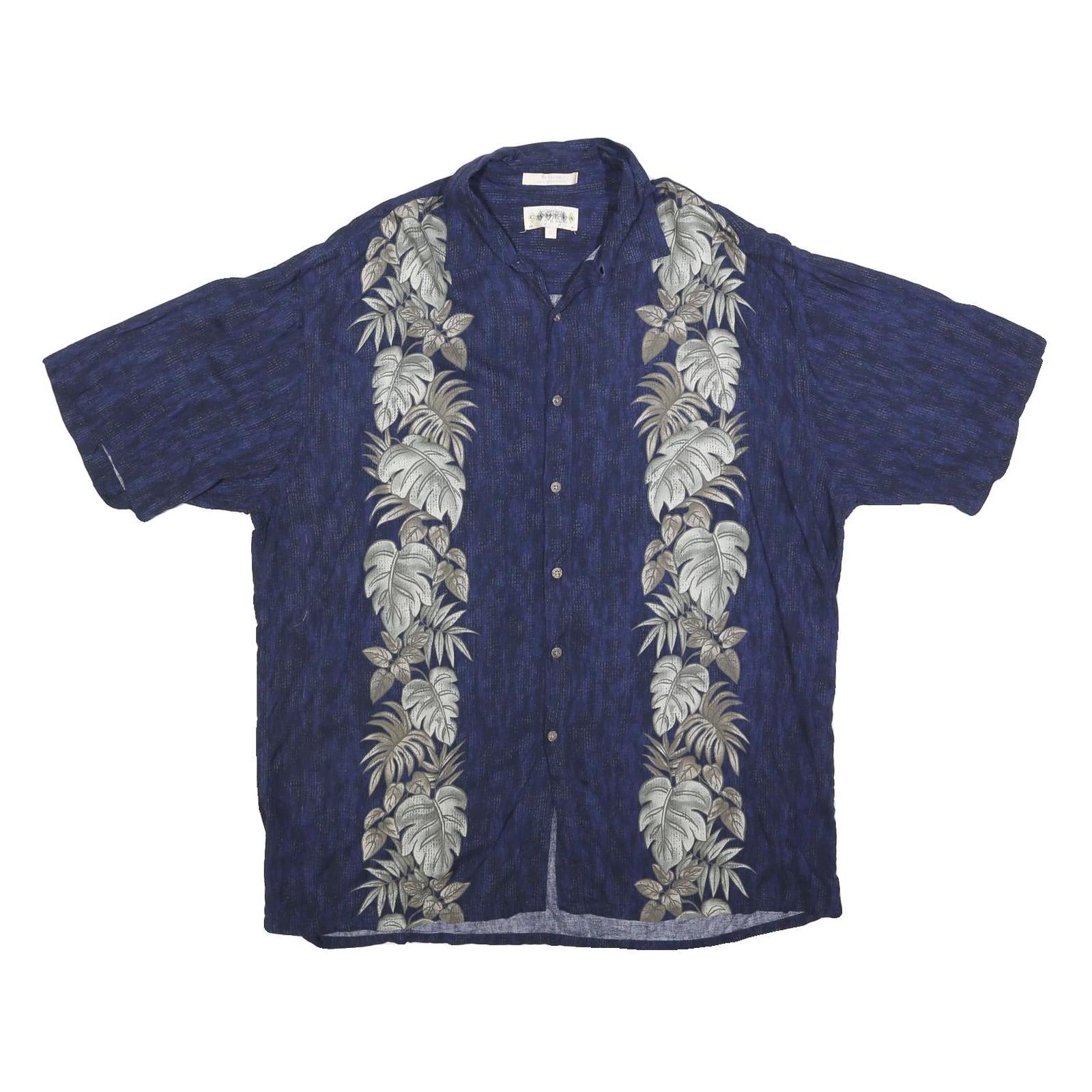 CAMPIA Mens Blue Rayon Hawaiian Shirt XL Leaf Print Casual Summer Button