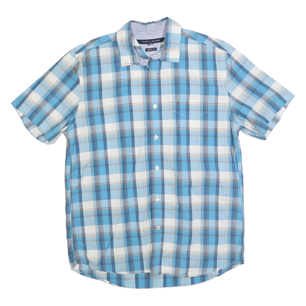 TOMMY HILFIGER Mens Blue White & Navy Check Shirt M Classic Fit Cotton Blend