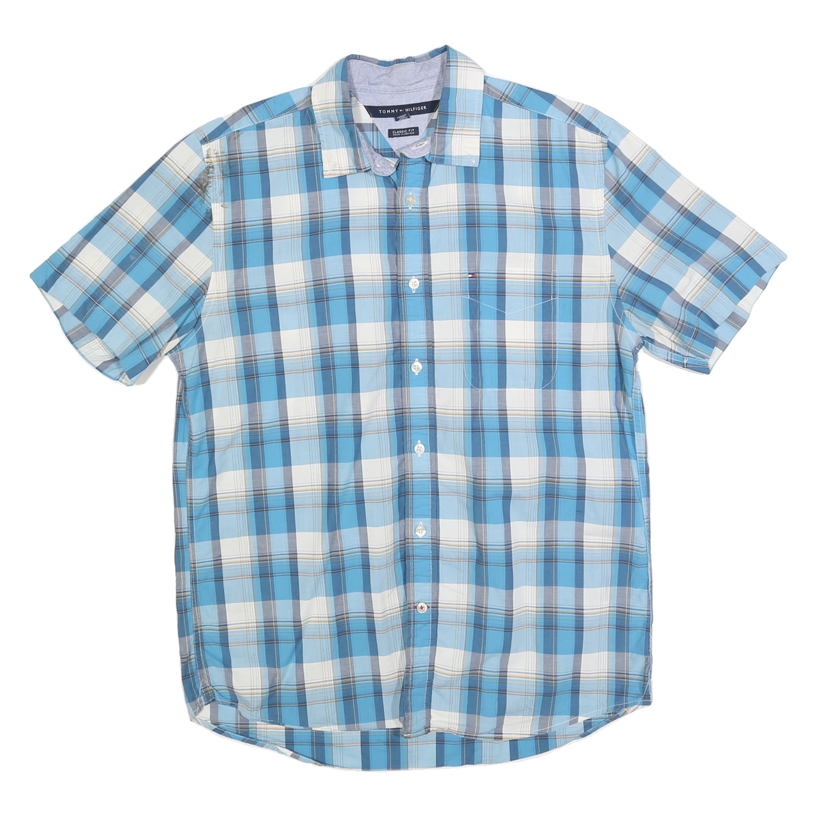 TOMMY HILFIGER Mens Blue White & Navy Check Shirt M Classic Fit Cotton Blend