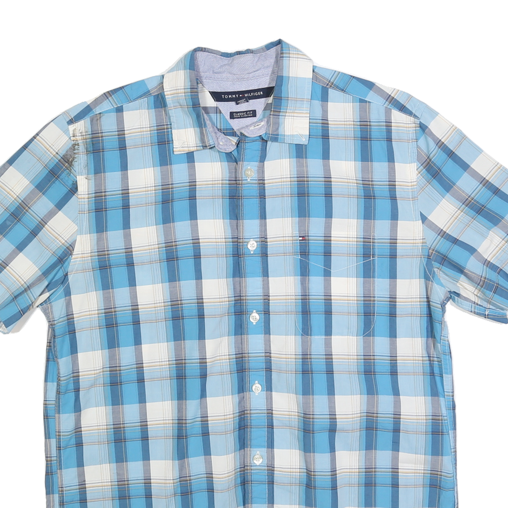 TOMMY HILFIGER Mens Blue White & Navy Check Shirt M Classic Fit Cotton Blend
