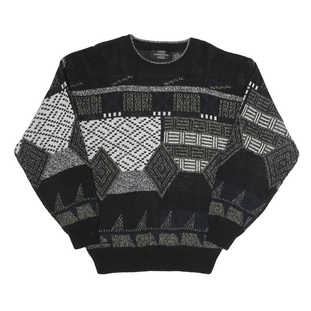 EXPRESSIONS Mens Black Grey Patterned Acrylic Jumper Crew Neck L Casual Comfort