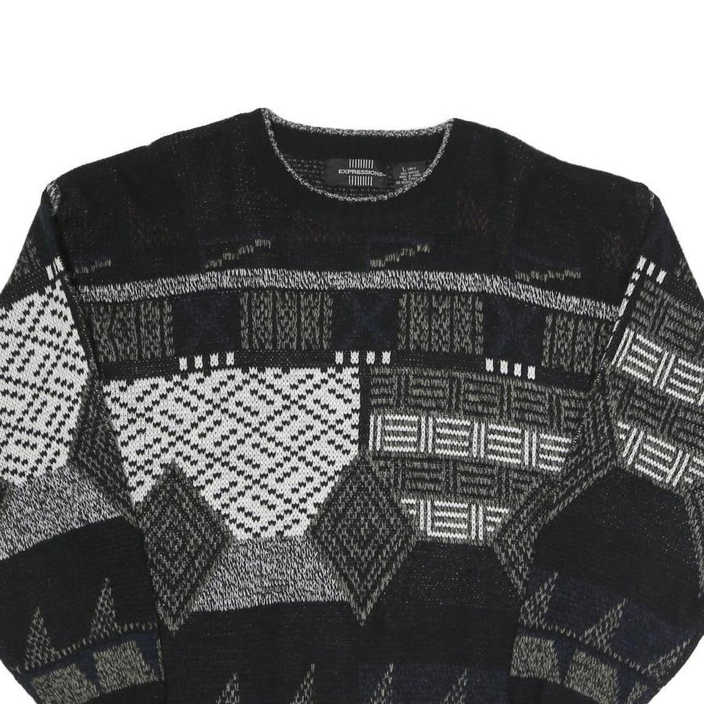 EXPRESSIONS Mens Black Grey Patterned Acrylic Jumper Crew Neck L Casual Comfort