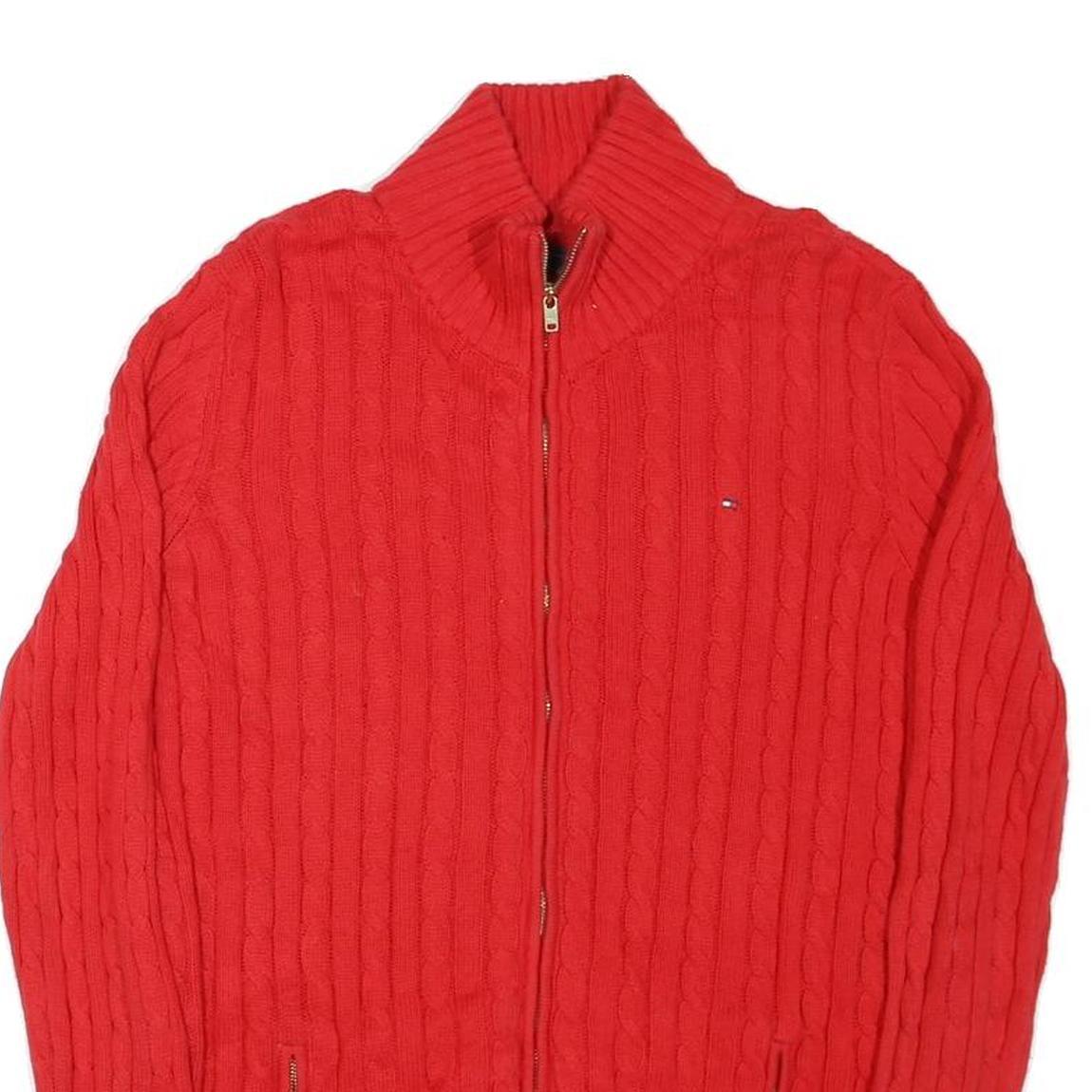 TOMMY HILFIGER Womens Red Patterned Full Zip Jumper Crew Knit M Cable Knit