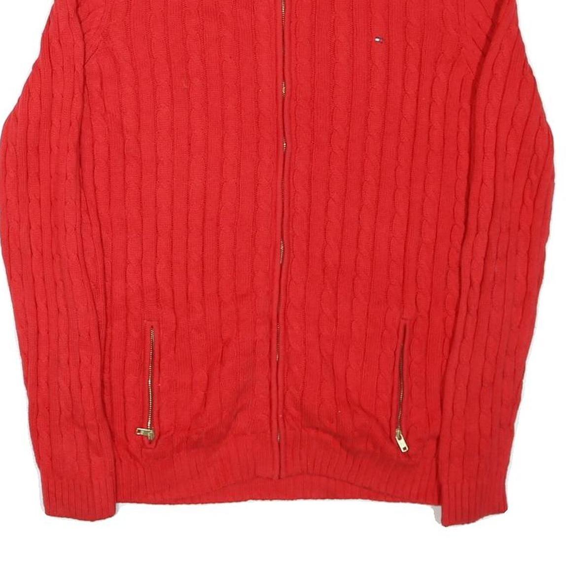 TOMMY HILFIGER Womens Red Patterned Full Zip Jumper Crew Knit M Cable Knit