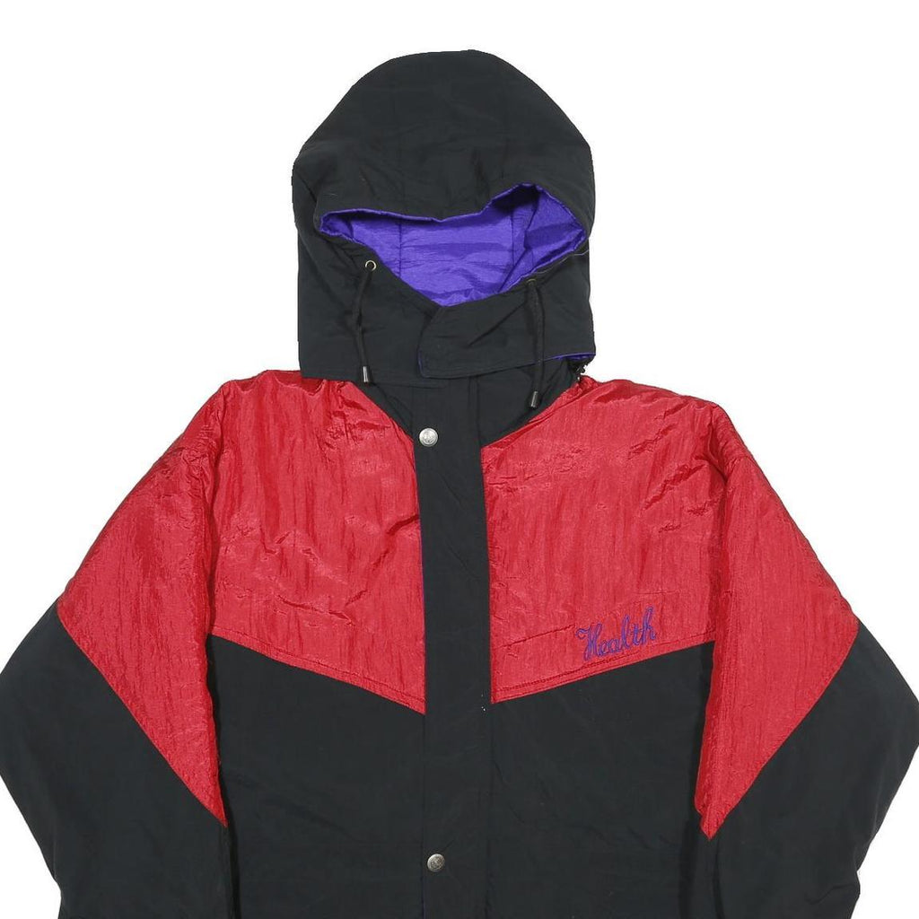 HIGH FASHION Mens Black & Red Hooded Zip Jacket L Woven Colourblock Casual