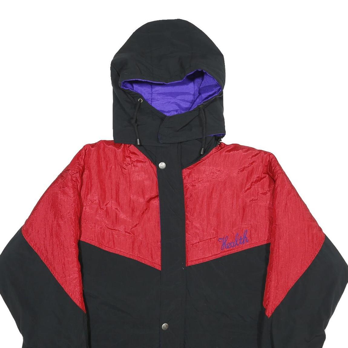 HIGH FASHION Mens Black & Red Hooded Zip Jacket L Woven Colourblock Casual