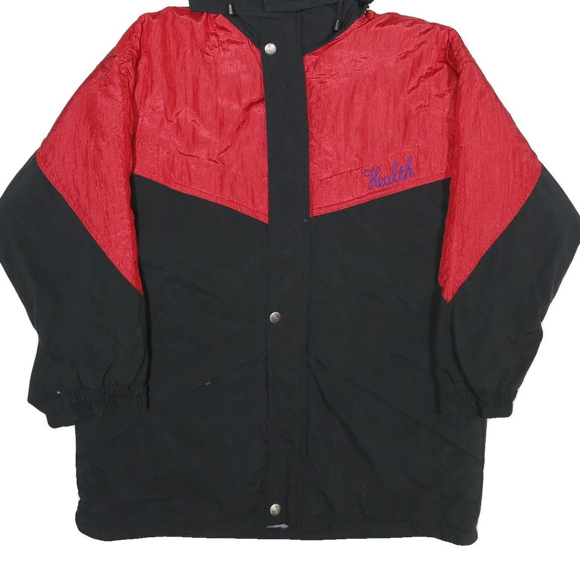 HIGH FASHION Mens Black & Red Hooded Zip Jacket L Woven Colourblock Casual