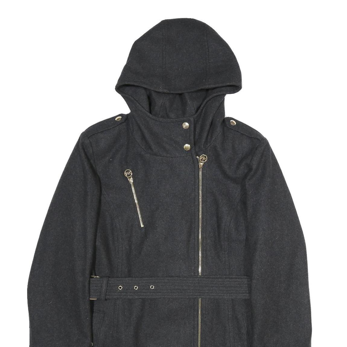 MICHAEL KORS Womens Black Hooded Wool Blend Jacket M Zip Coat Elegant Classic