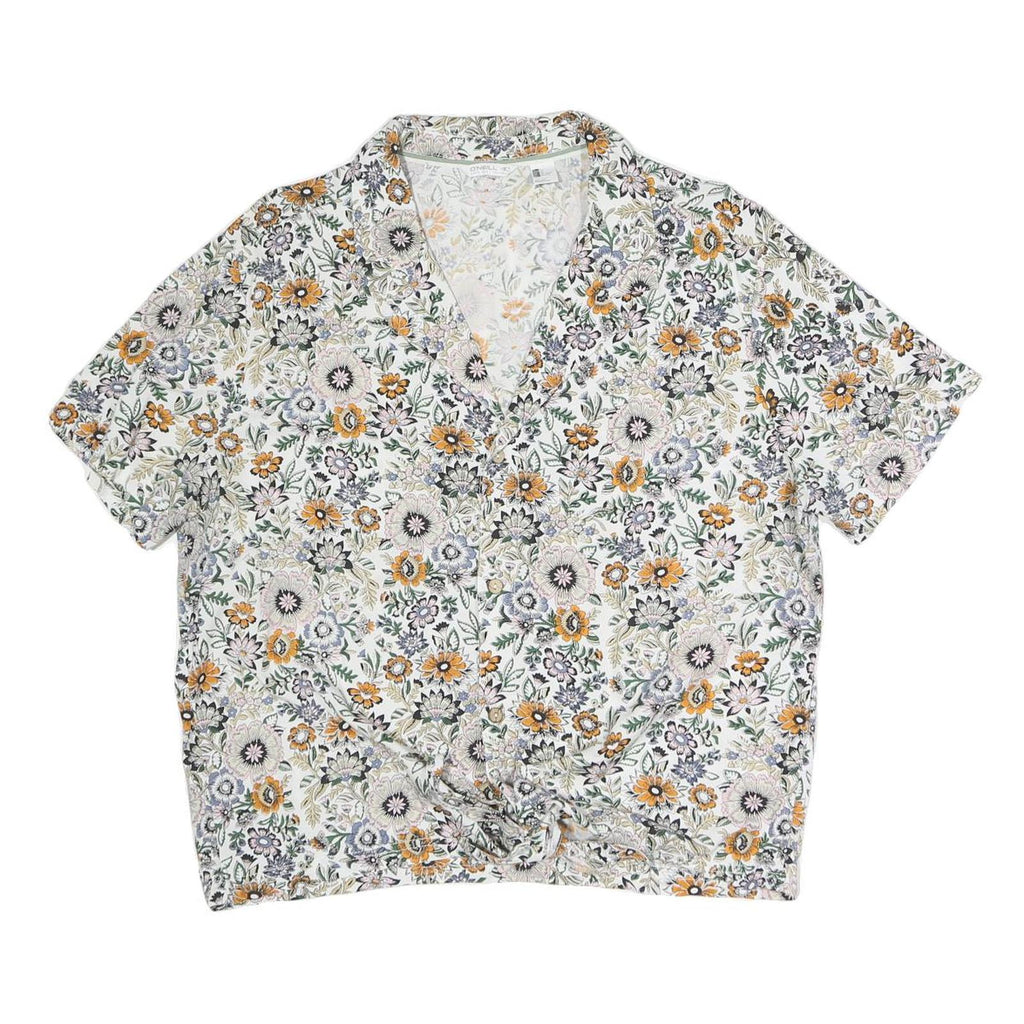 ONEILL Womens White Floral Print Shirt Short Sleeve V-Neck L Cotton Blend