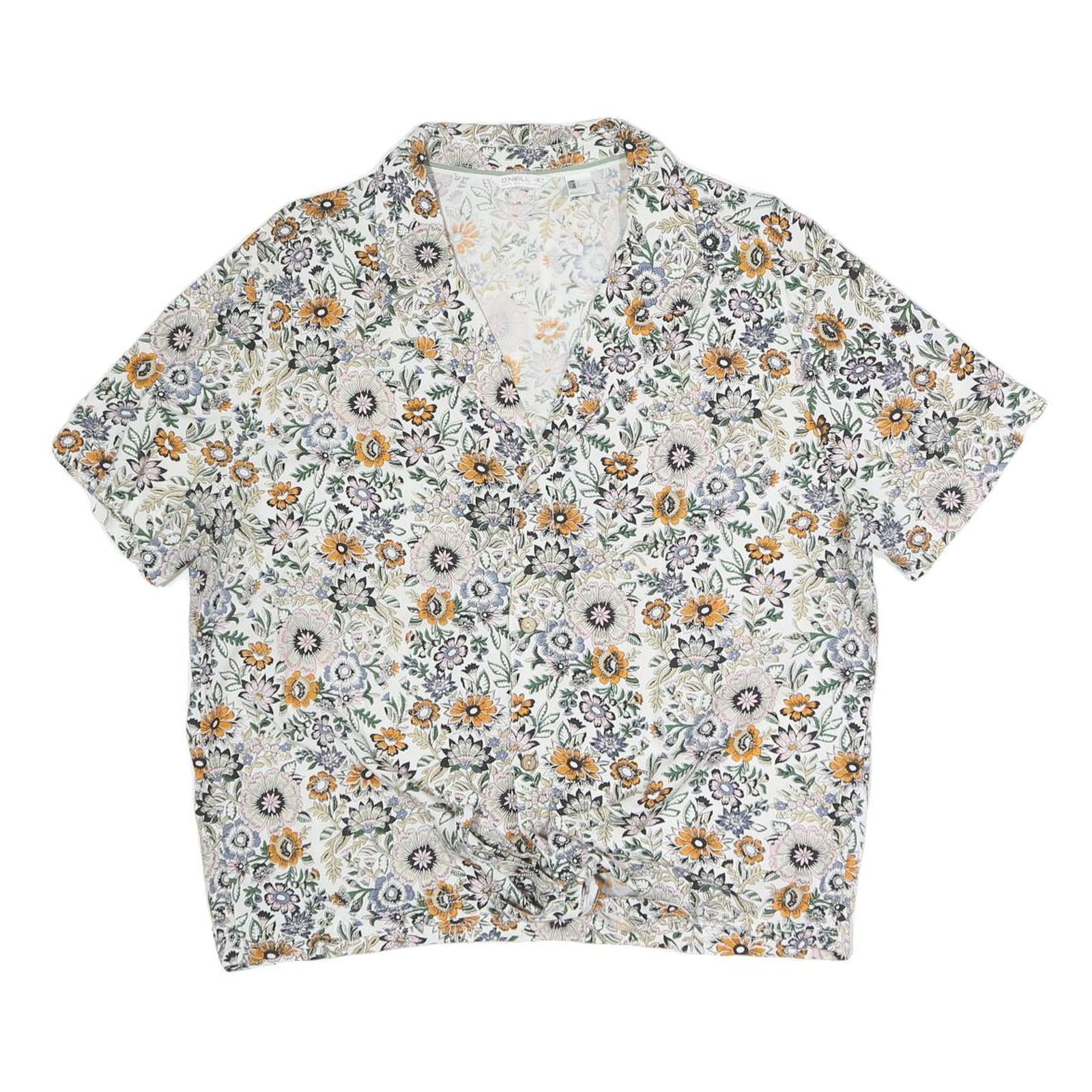 ONEILL Womens White Floral Print Shirt Short Sleeve V-Neck L Cotton Blend