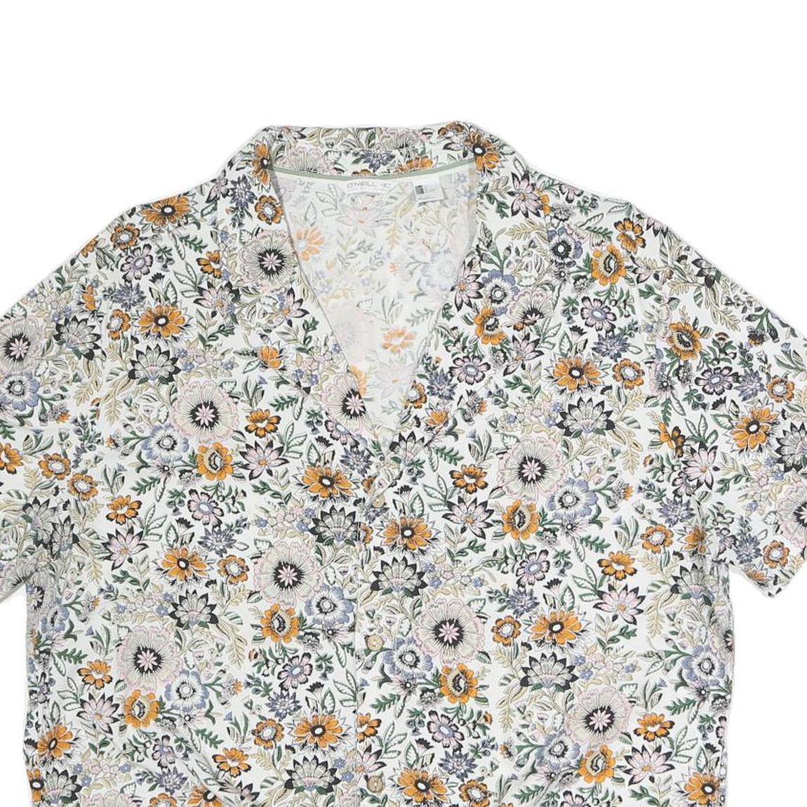 ONEILL Womens White Floral Print Shirt Short Sleeve V-Neck L Cotton Blend