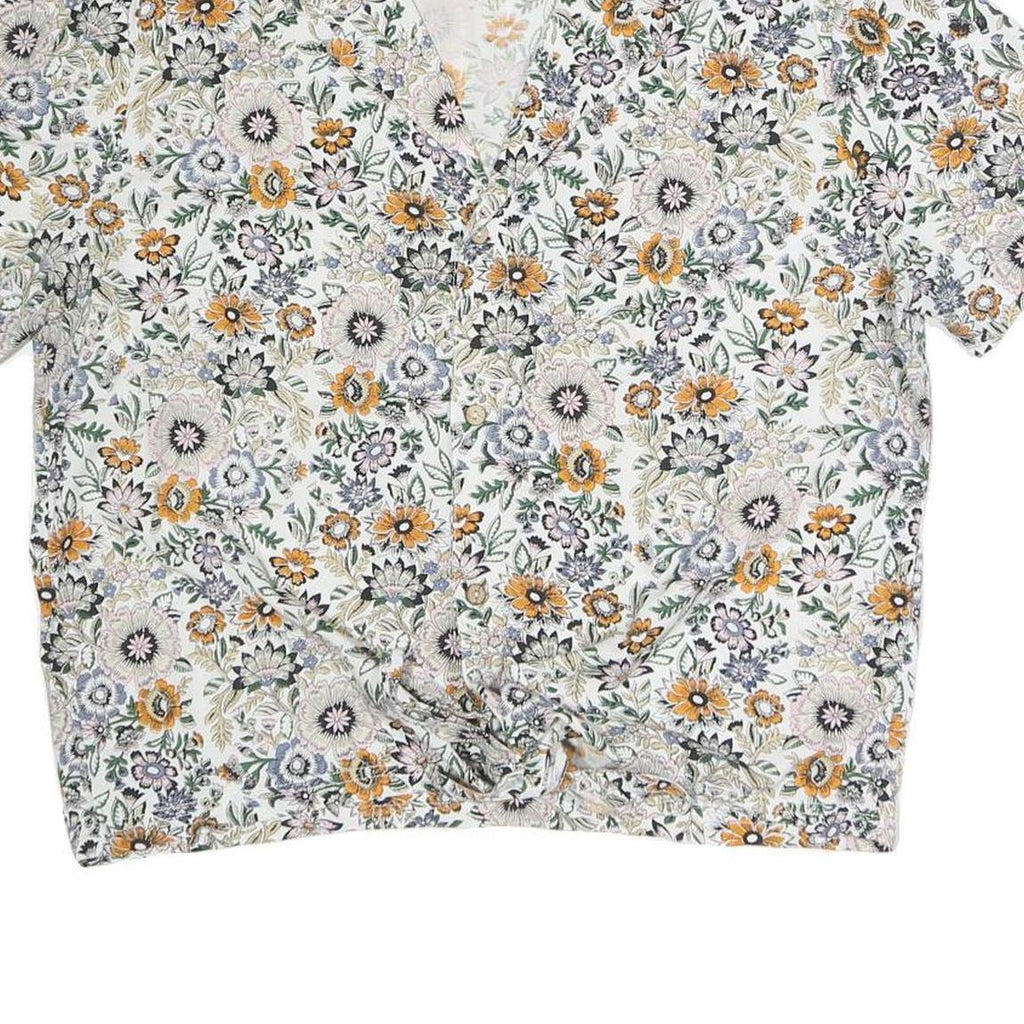 ONEILL Womens White Floral Print Shirt Short Sleeve V-Neck L Cotton Blend