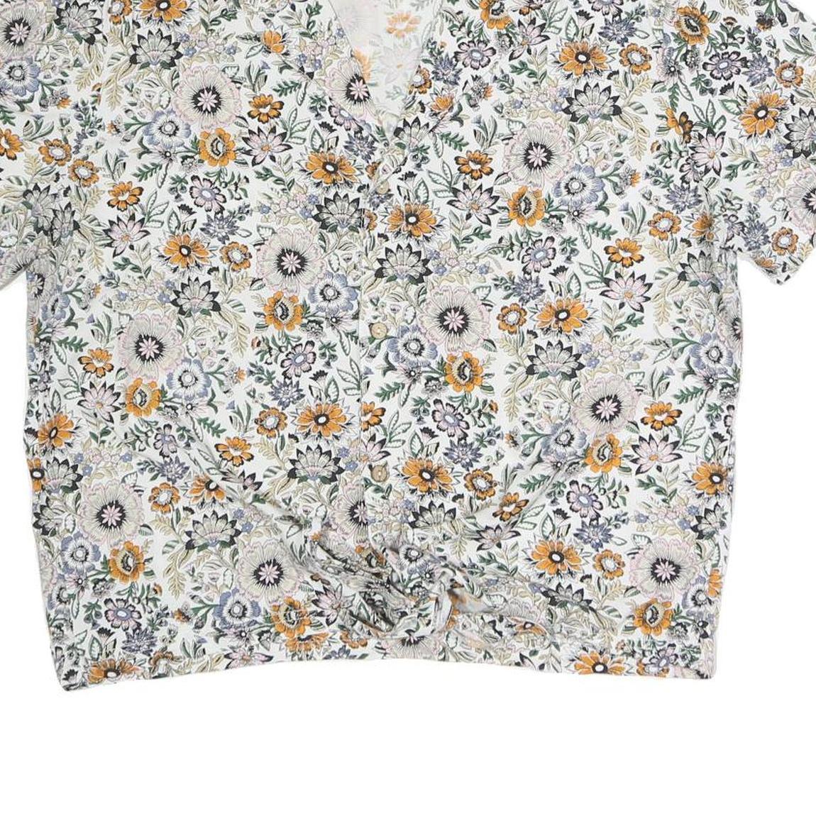 ONEILL Womens White Floral Print Shirt Short Sleeve V-Neck L Cotton Blend
