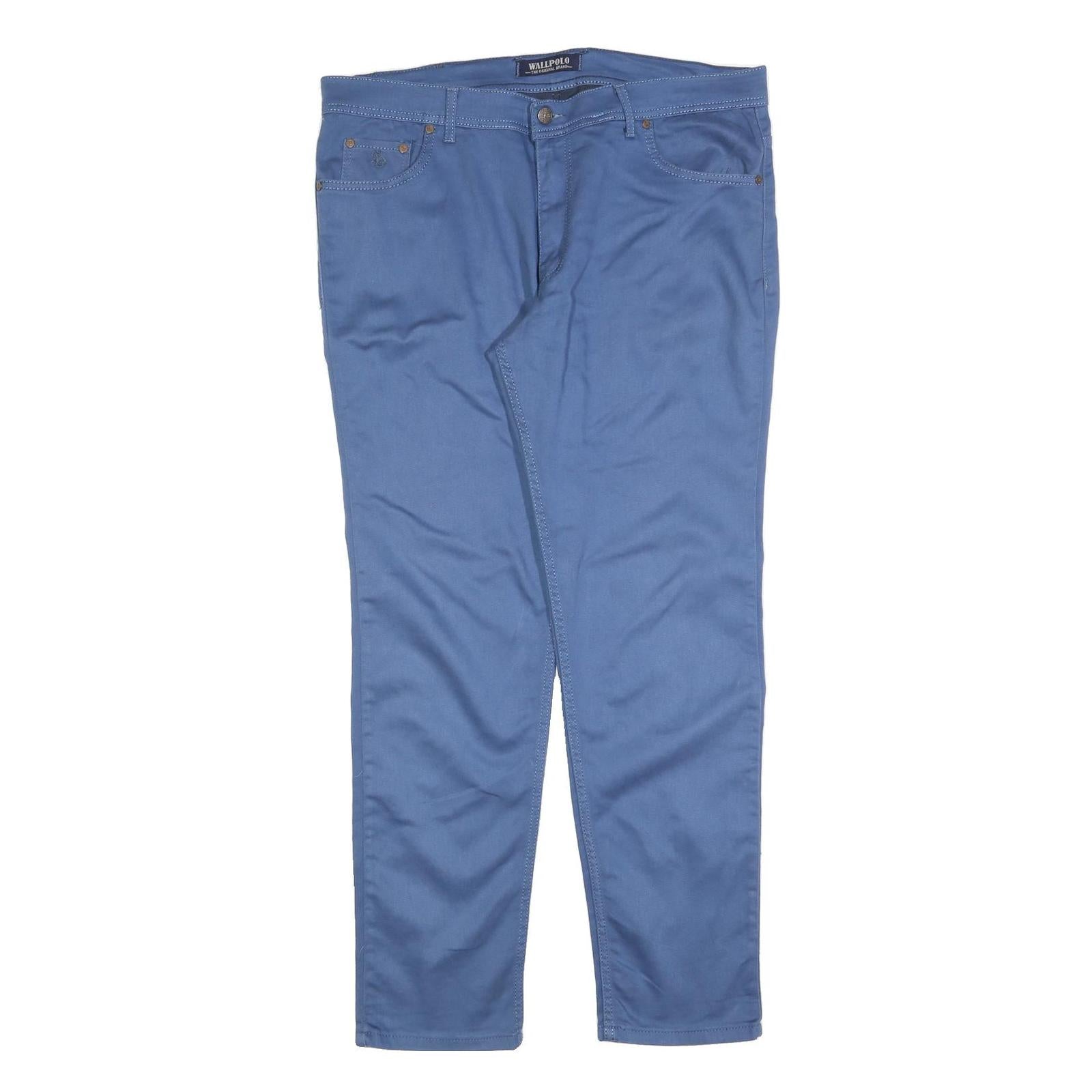 WALLPOLO Mens Cotton Blend Blue Slim Tapered Trousers W40 L32 Stylish Casual