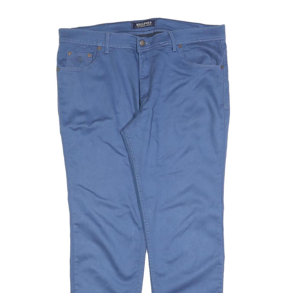 WALLPOLO Mens Cotton Blend Blue Slim Tapered Trousers W40 L32 Stylish Casual