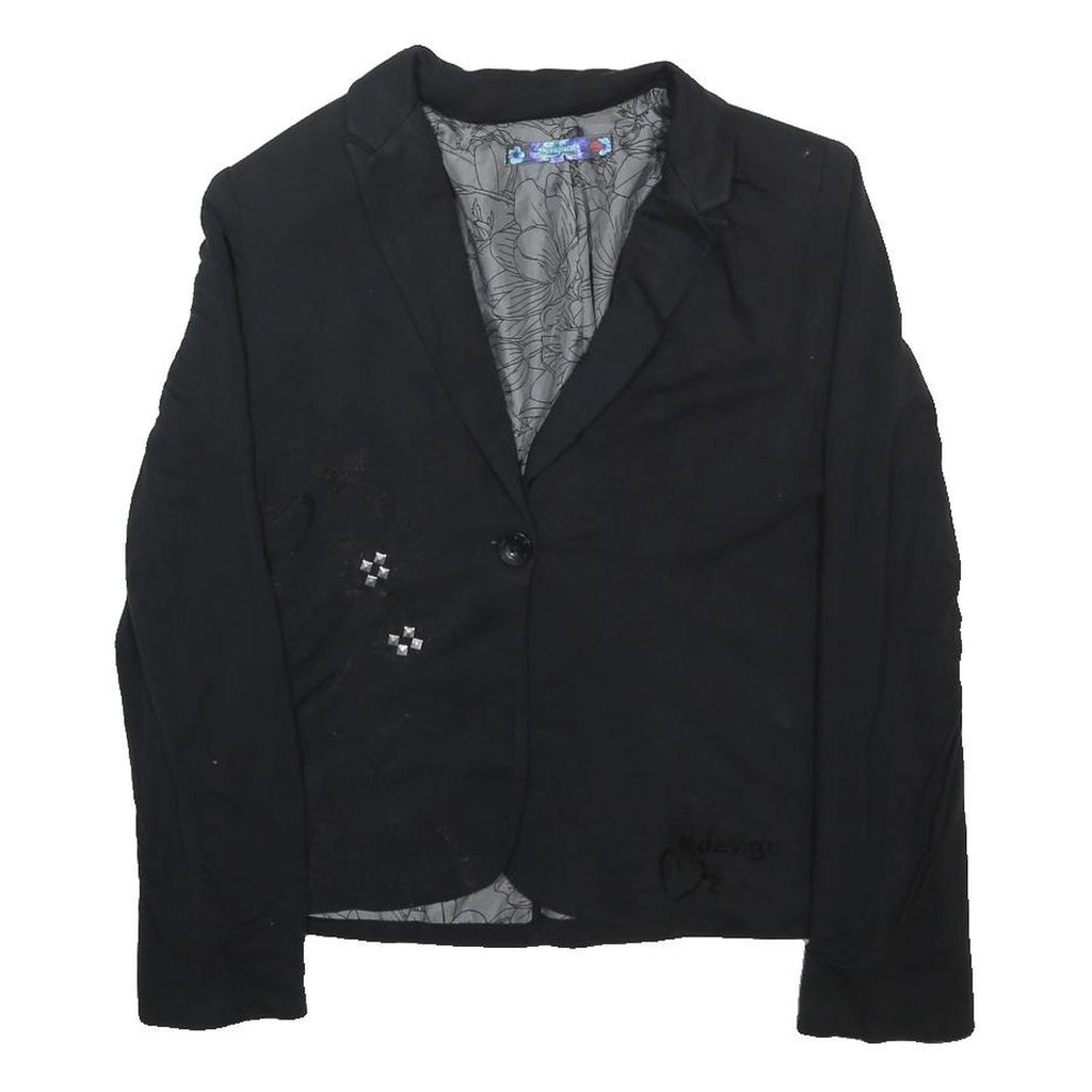 DESIGUAL Womens Black Visocose Blend Jacket S Button Floral Lined Stylish