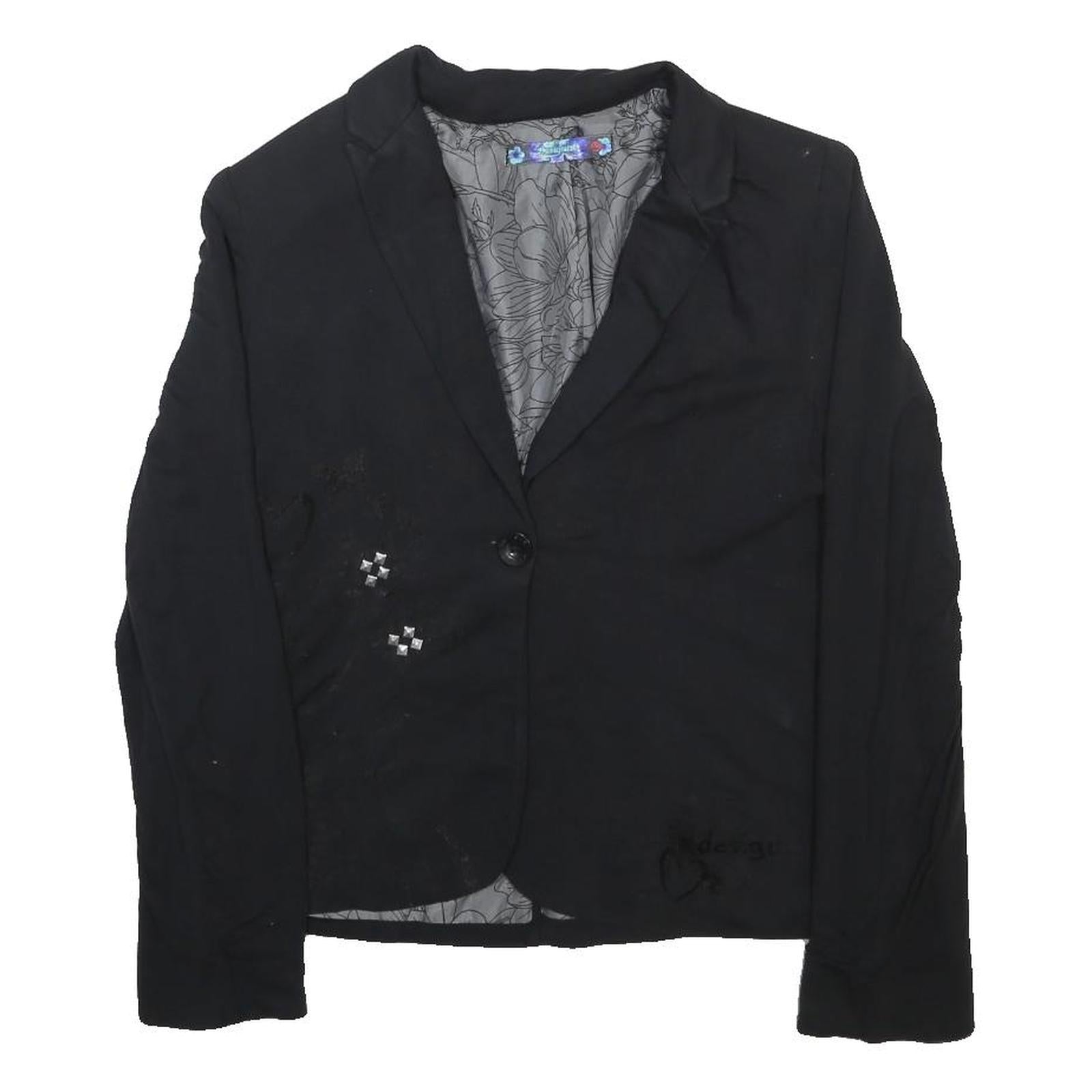 DESIGUAL Womens Black Visocose Blend Jacket S Button Floral Lined Stylish