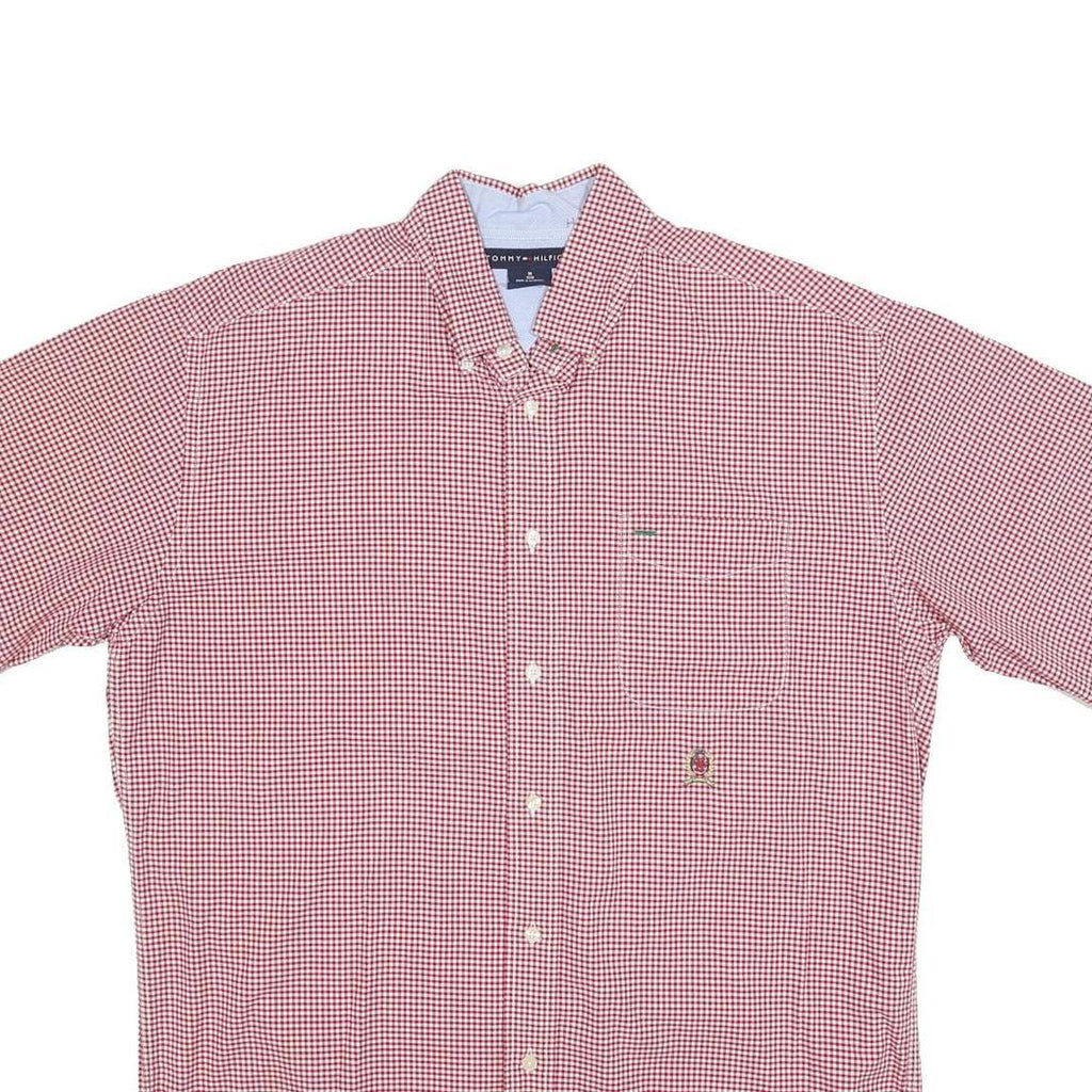 TOMMY HILFIGER Mens Red & White Check Shirt M Button Short Sleeve Cotton Blend