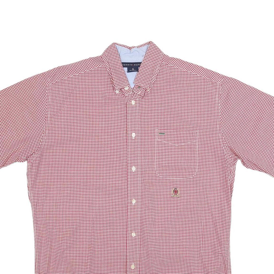 TOMMY HILFIGER Mens Red & White Check Shirt M Button Short Sleeve Cotton Blend