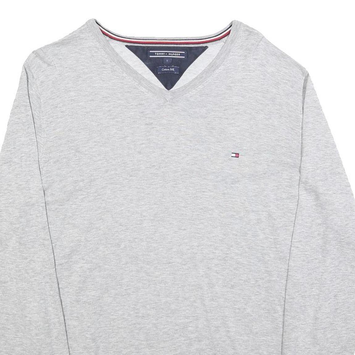 TOMMY HILFIGER Mens Grey Silk Blend V-Neck S Pullover Sweatshirt Logo