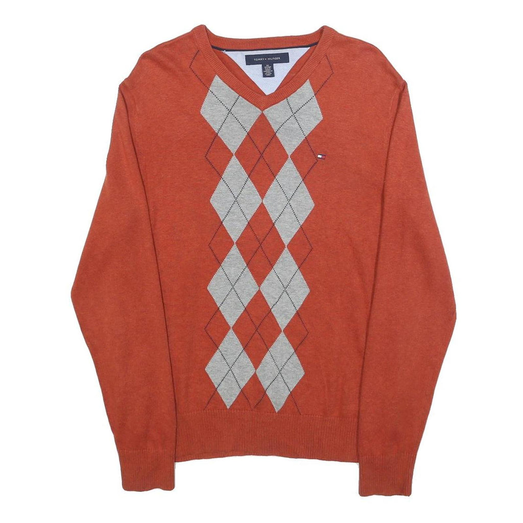 TOMMY HILFIGER Mens Orange & Grey Argyle V-Neck Patterned Cable Knit XS Cotton