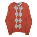 TOMMY HILFIGER Mens Orange & Grey Argyle V-Neck Patterned Cable Knit XS Cotton