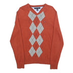 TOMMY HILFIGER Mens Orange & Grey Argyle V-Neck Patterned Cable Knit XS Cotton
