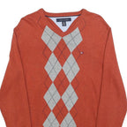 TOMMY HILFIGER Mens Orange & Grey Argyle V-Neck Patterned Cable Knit XS Cotton