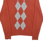 TOMMY HILFIGER Mens Orange & Grey Argyle V-Neck Patterned Cable Knit XS Cotton