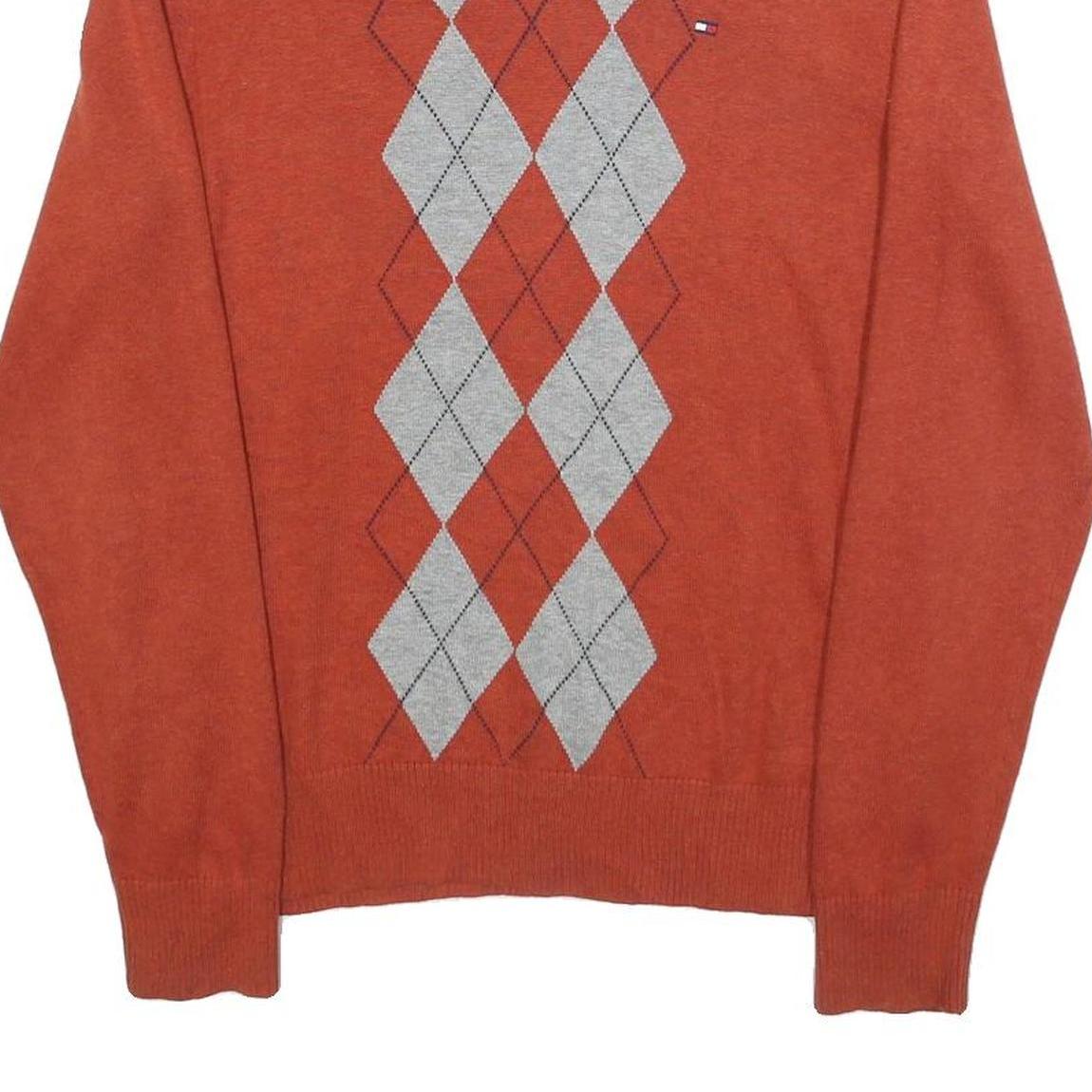 TOMMY HILFIGER Mens Orange & Grey Argyle V-Neck Patterned Cable Knit XS Cotton