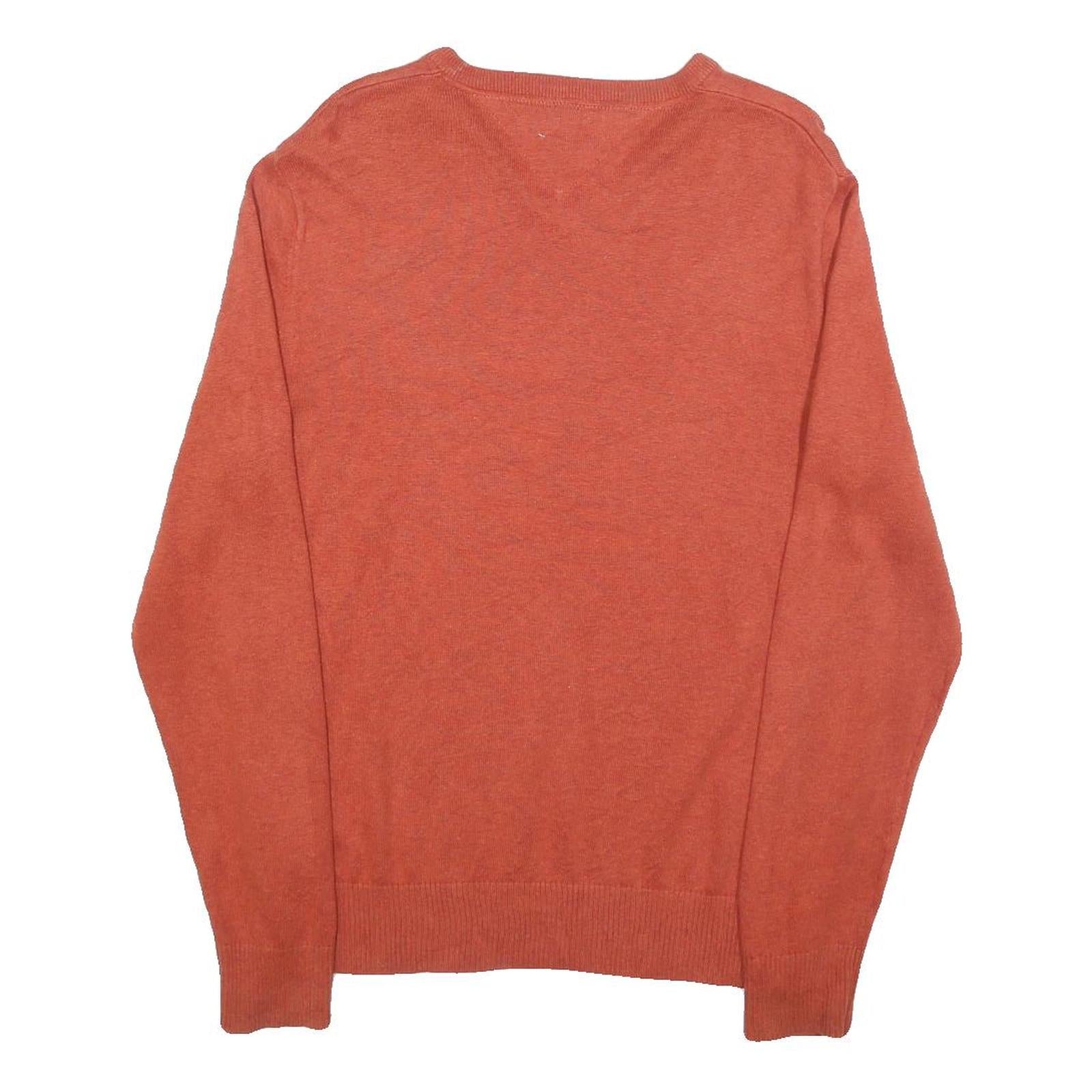 TOMMY HILFIGER Mens Orange & Grey Argyle V-Neck Patterned Cable Knit XS Cotton