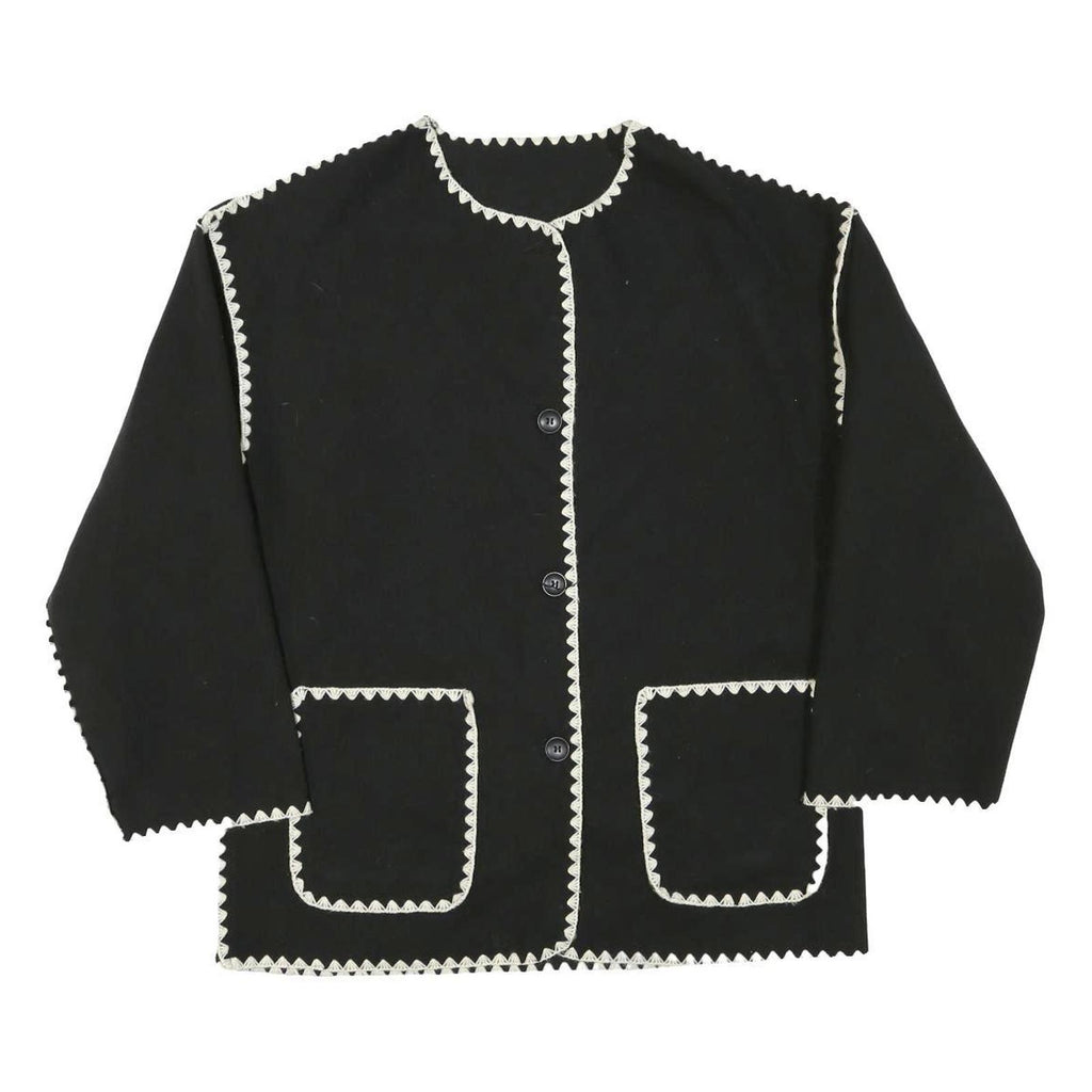 Womens Black Button Jacket L Polyester Blend Plain Classic Fit Contrast Trim