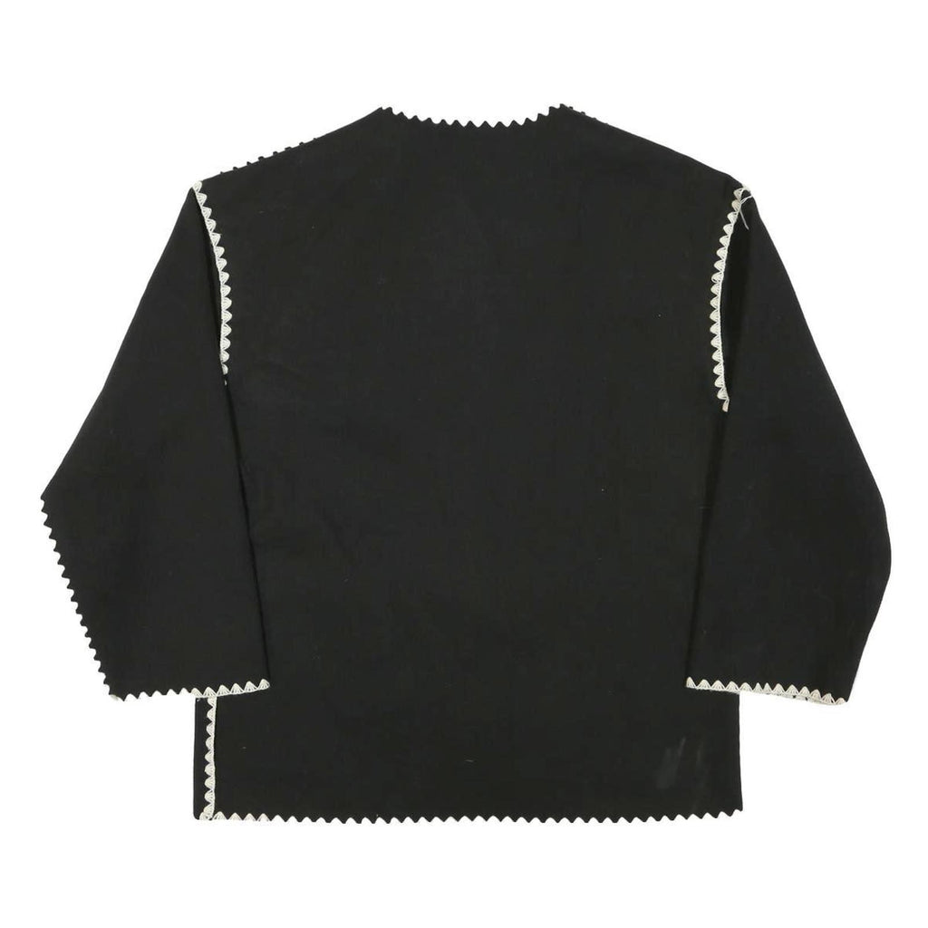 Womens Black Button Jacket L Polyester Blend Plain Classic Fit Contrast Trim