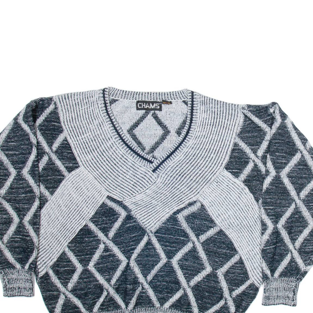 CHAMS Womens Patterned Jumper Black Diamond V-Neck Tight Knit XL