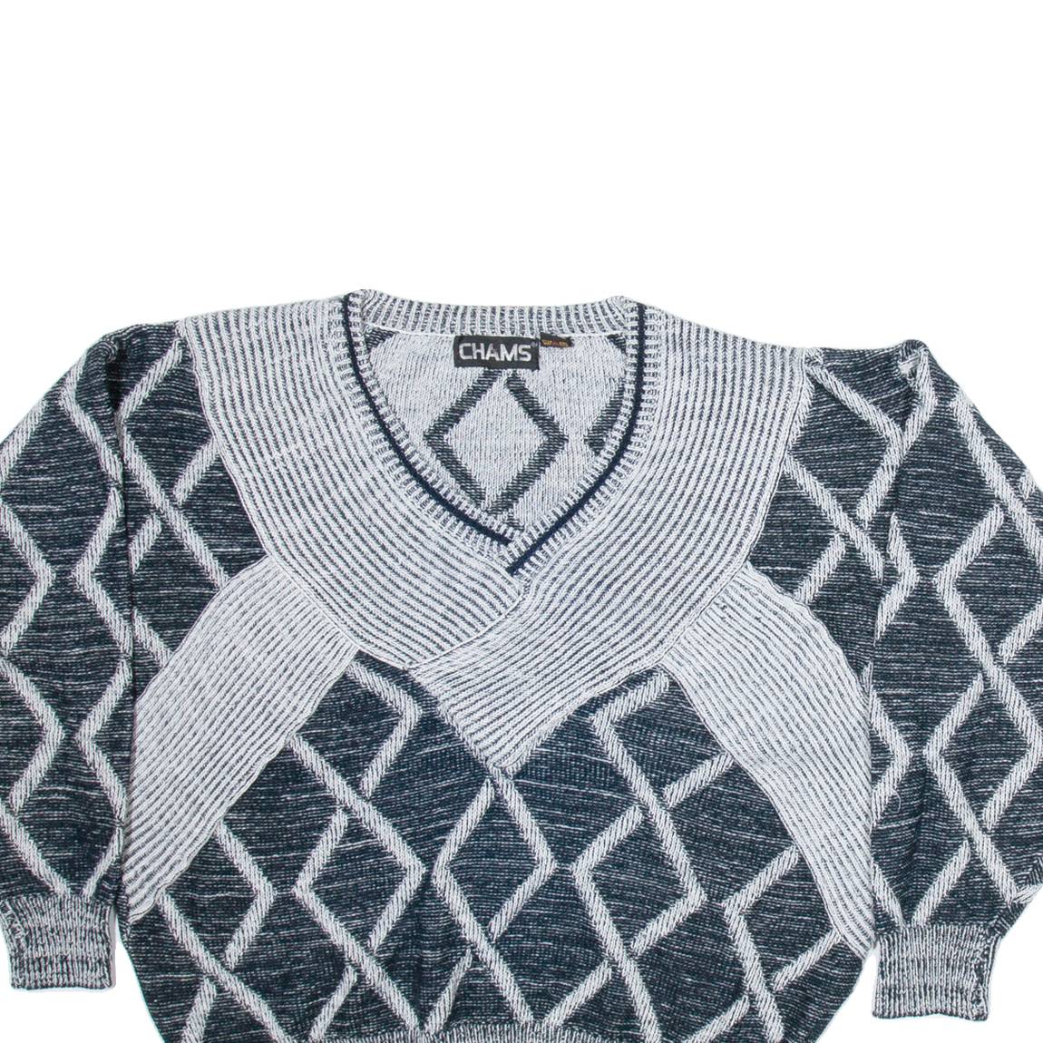 CHAMS Womens Patterned Jumper Black Diamond V-Neck Tight Knit XL