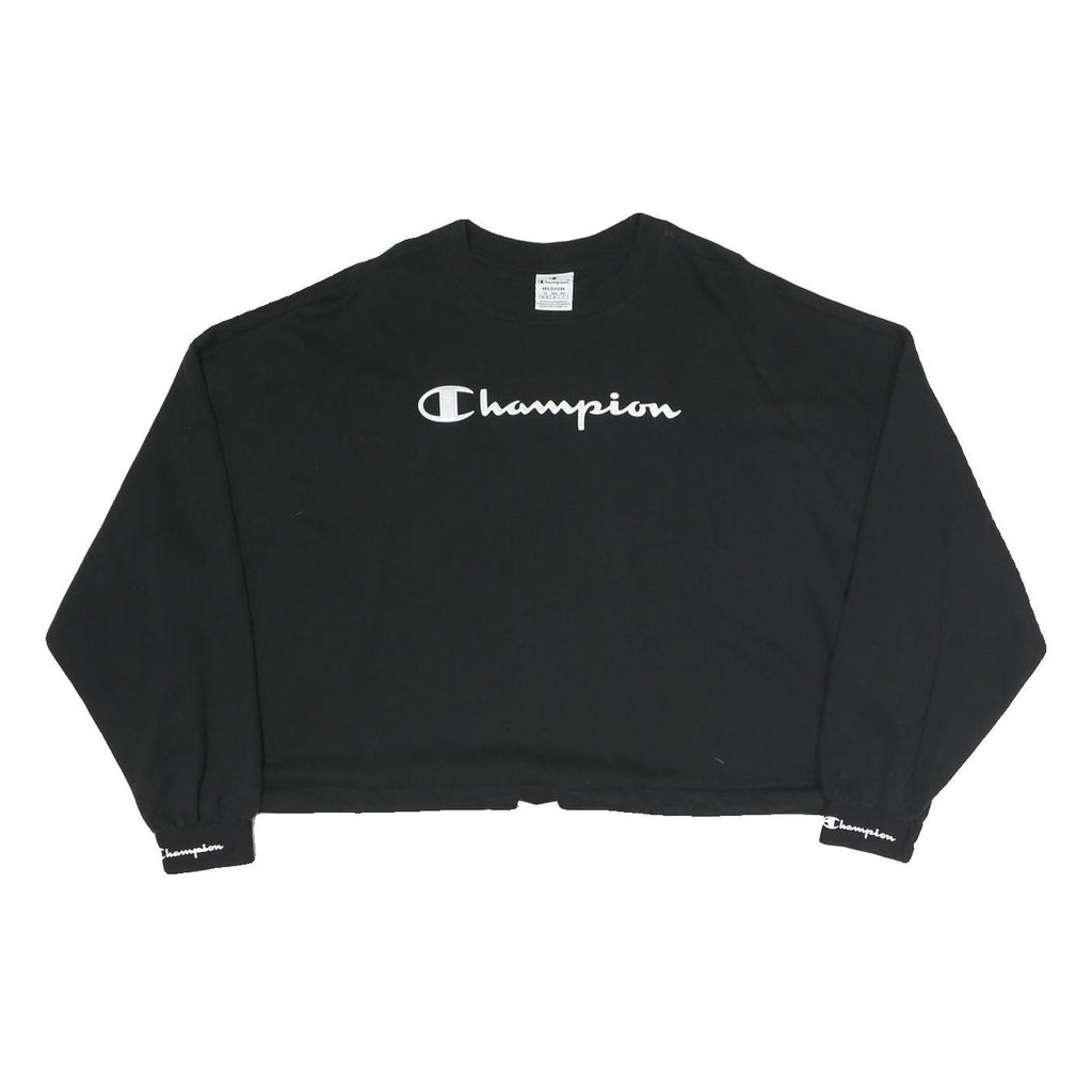 CHAMPION Womens Black Cropped Crew Neck Sweatshirt M Cotton Blend Logo