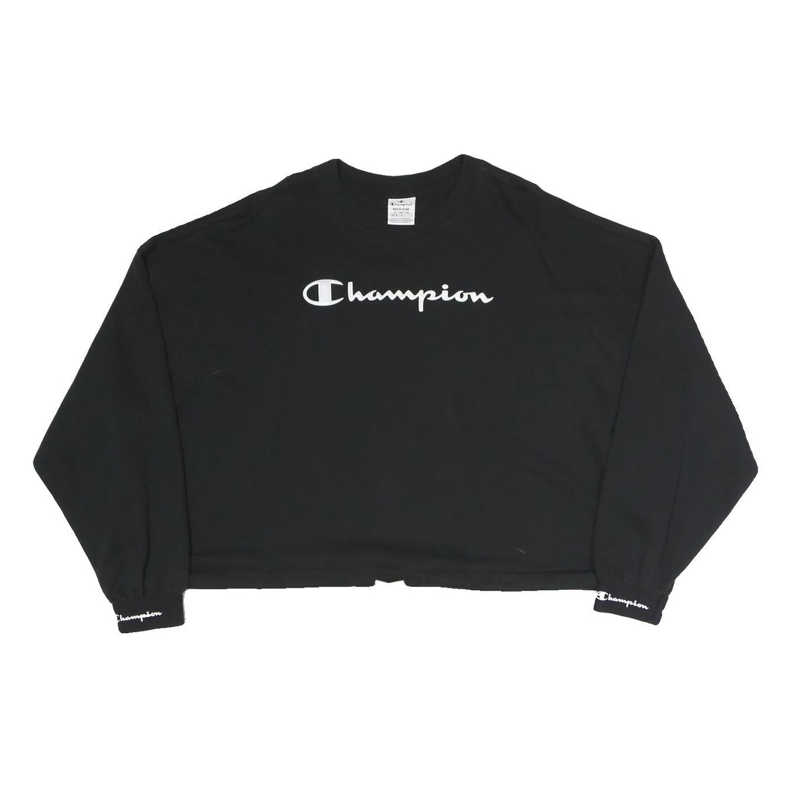 CHAMPION Womens Black Cropped Crew Neck Sweatshirt M Cotton Blend Logo