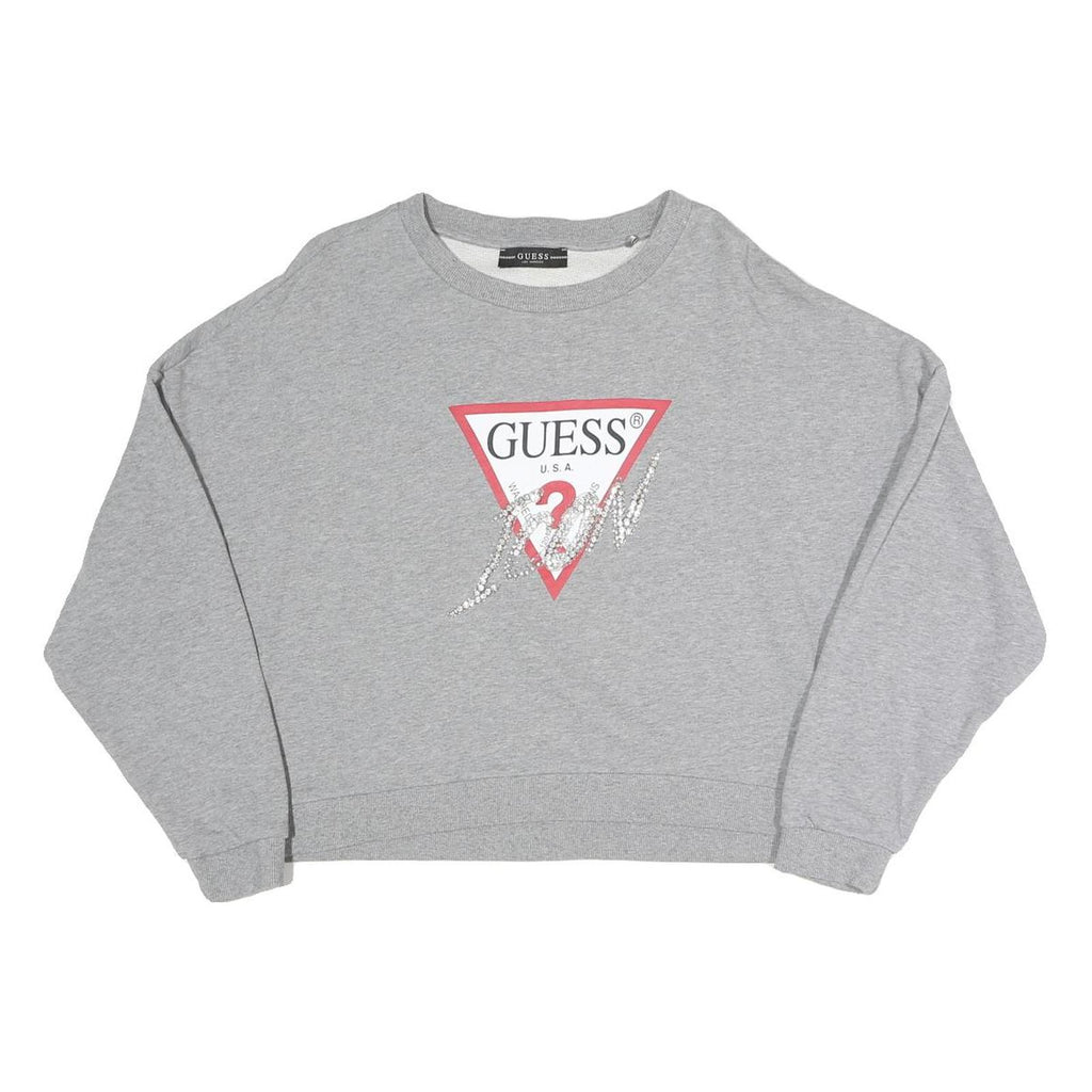 GUESS Womens Grey Sweatshirt S Crew Neck Logo Cropped Pullover Cotton Blend