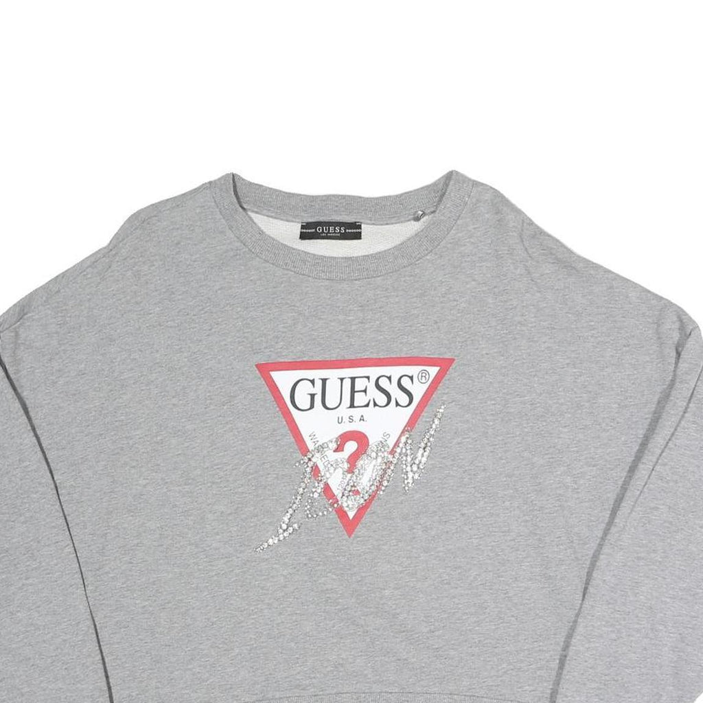 GUESS Womens Grey Sweatshirt S Crew Neck Logo Cropped Pullover Cotton Blend
