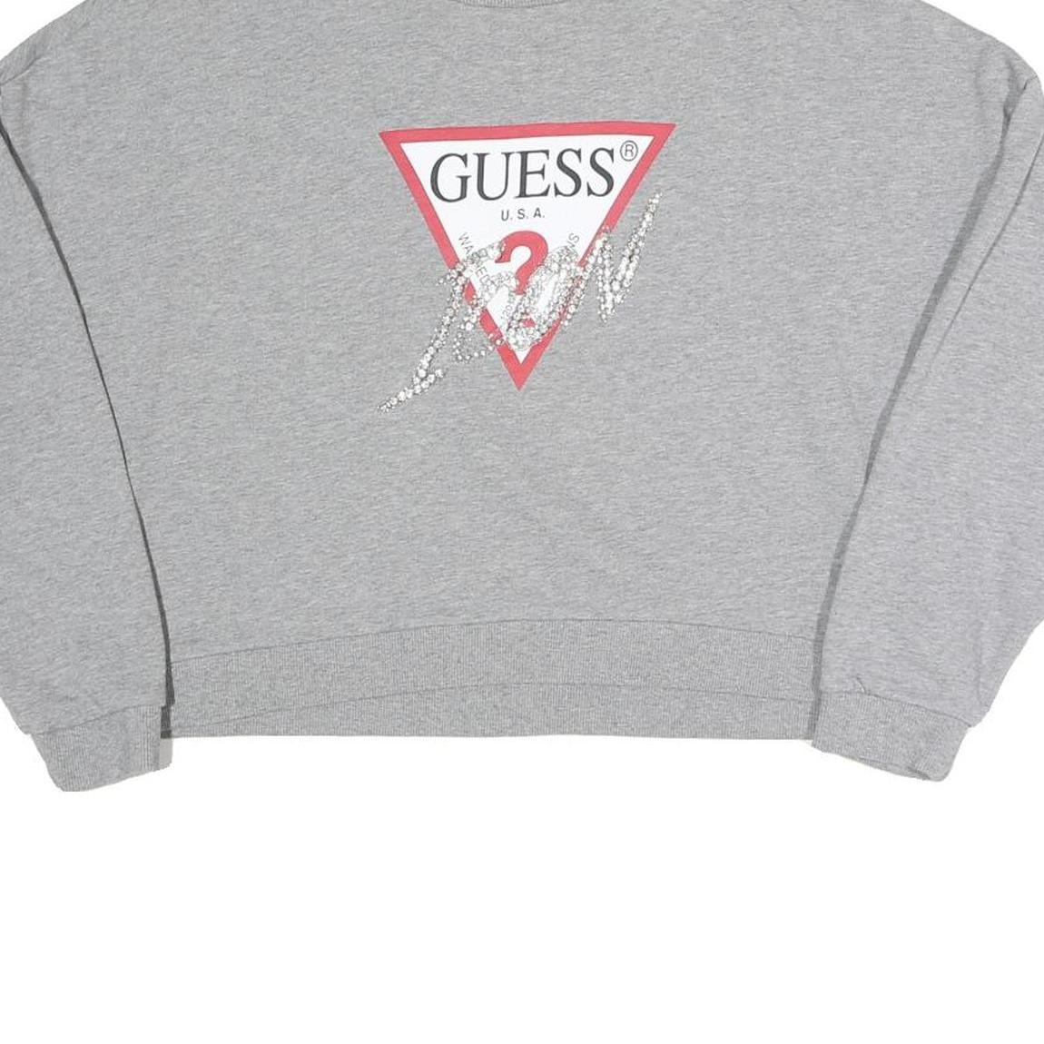 GUESS Womens Grey Sweatshirt S Crew Neck Logo Cropped Pullover Cotton Blend