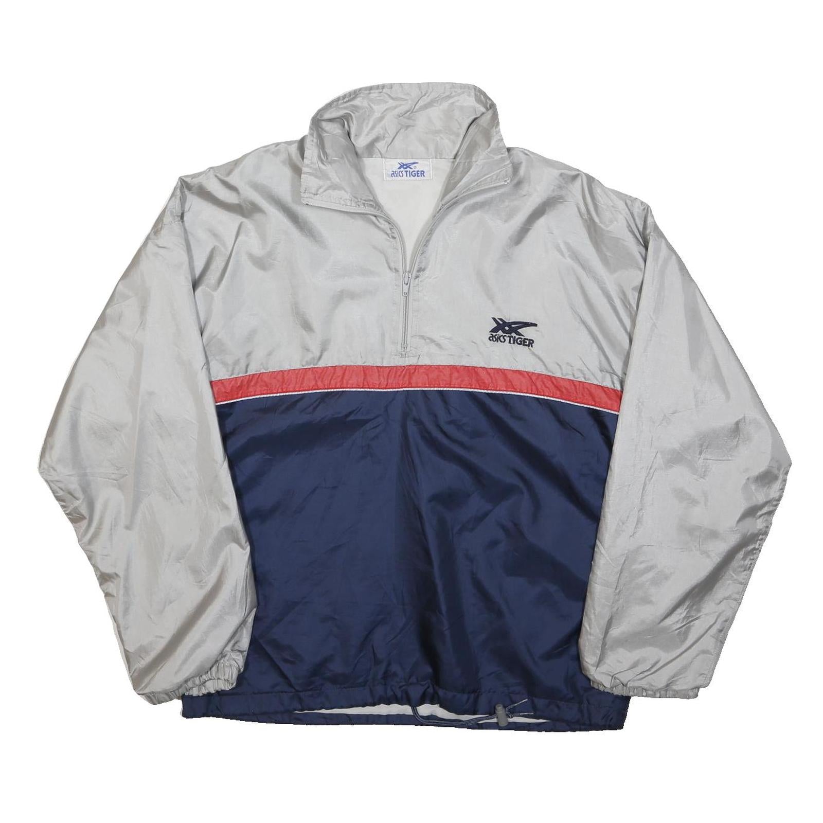 ASICS Mens Grey & Navy Blue Red Panel Half Zip Polyester Jacket XL Sportswear