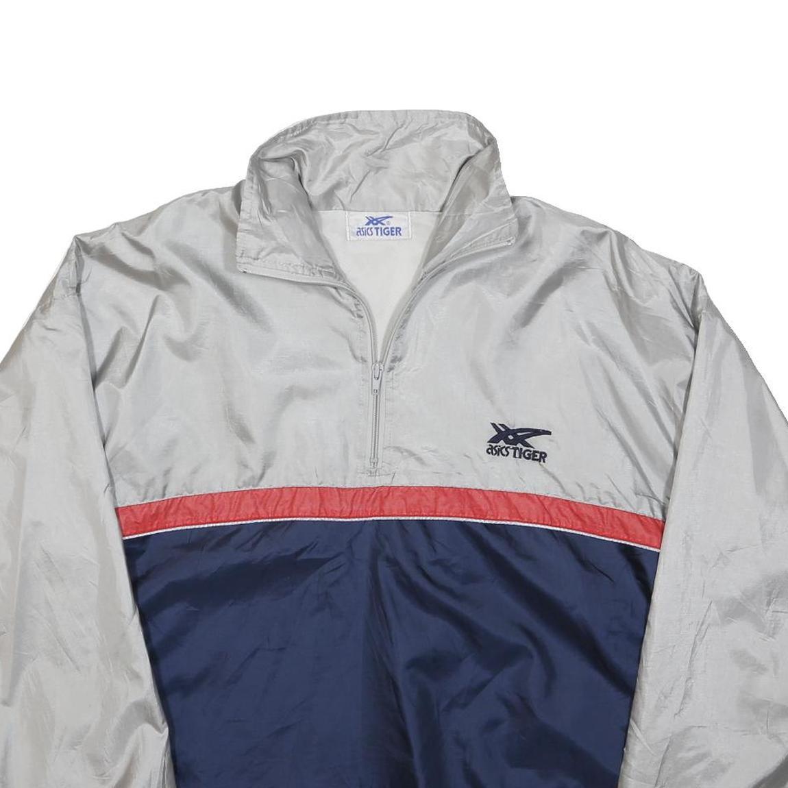 ASICS Mens Grey & Navy Blue Red Panel Half Zip Polyester Jacket XL Sportswear
