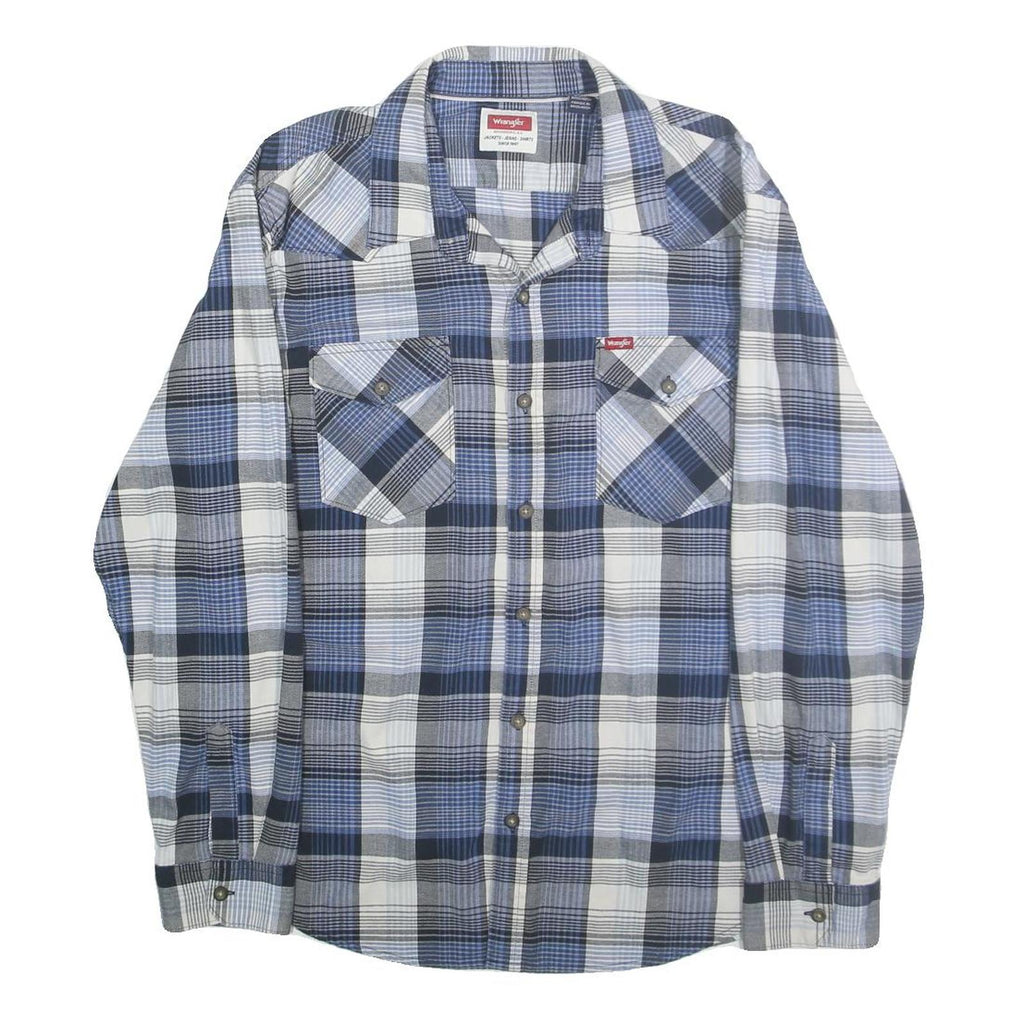 WRANGLER Mens Blue & White Checked Shirt XL Button Pocket Casual Cotton Blend