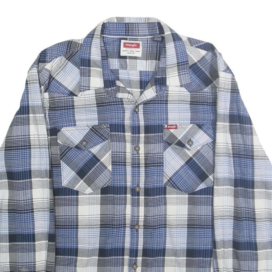 WRANGLER Mens Blue & White Checked Shirt XL Button Pocket Casual Cotton Blend