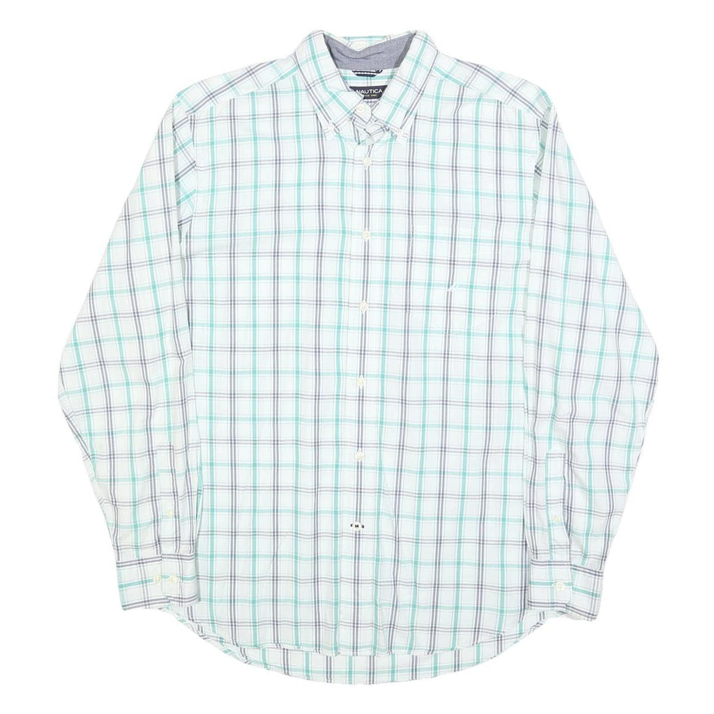 NAUTICA Mens White & Green Check Shirt M Classic Button-Down Collar Cotton Blend
