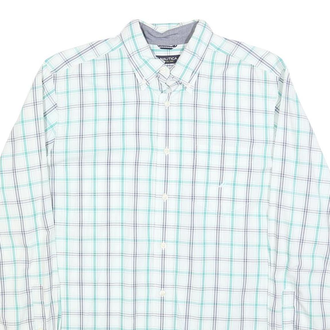 NAUTICA Mens White & Green Check Shirt M Classic Button-Down Collar Cotton Blend
