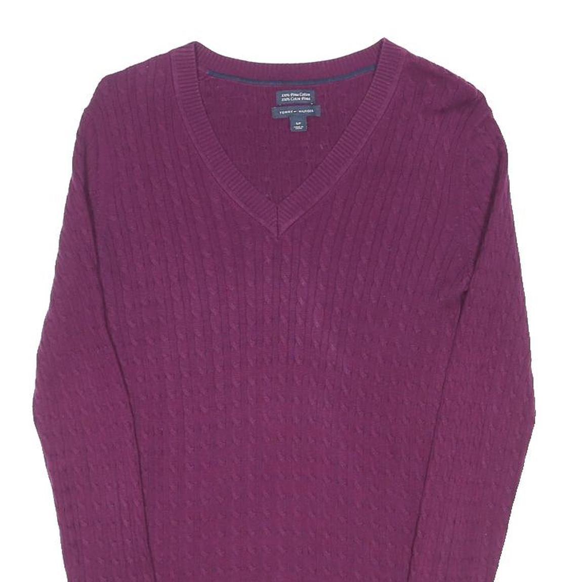 TOMMY HILFIGER Womens Maroon Patterned Jumper V-Neck Basic Knit Size S Classic