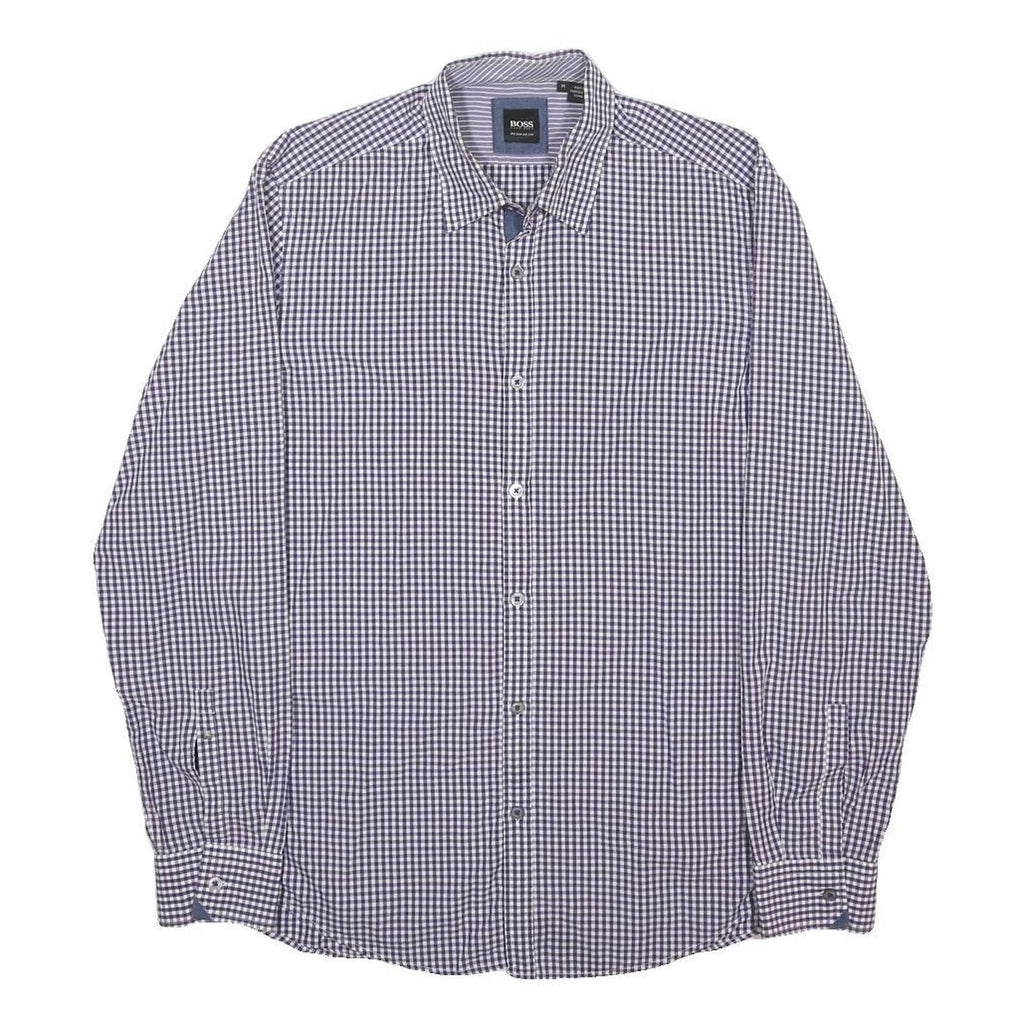 BOSS HUGO BOSS Mens Blue & White Checked Shirt M Classic Cotton Long Sleeve